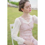 Dodobye Baby Pink Rose Embroidery Denim Strap Dress And Lace Blouse