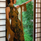 Dodobye Blue Green Painting Cheongsam Dress