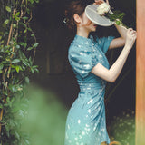 Dodobye Blue Floral Cheongsam Dress