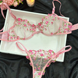 Dodobye - Floral Embroidery Lingerie Set, Hollow Out Unlined Bra & Sheer Mesh Thong, Women's Sexy Lingerie & Underwear