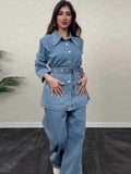 Dodobye Denim Coat Pants Sets Women Single Breasted Lapel Belts Jacket Top Wide Leg Trousers Suits Female 2 Pieces Casual Street Outfits