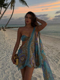 christmas outfit Dodobye Women Chic Printed Diagonal Shoulder Mesh Dress Sexy Hollow Out Sleeveless Backless Mini Dresses 2024 New Lady Holiday Beachwear