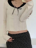 Dodobye-Long Sleeve Mock Two Piece Bow Accent Crop Top