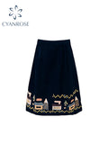 Dodobye Women's Navy A-line Skirt Vintage 90s Aesthetic Pattern Skirts Harajuku Korean Oversize Y2k Long Skirts 2000s Emo Clothes Summer