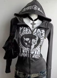 Dodobye Women Zipper Cardigan Top with Black Skull Pattern Trendy and Personalized Niche Hoodie Hip-hop Letter Print Slim Fit Sweatshirt