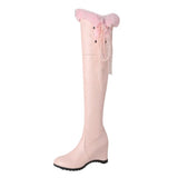 thanksgiving outfit Dodobye REAVE Over-Knee High Boots Round Toe Wedges Ribbons Size 34-43 Sweet Pink White Black S2721