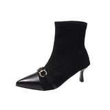 Dodobye New Winter British Boots Matal Buckle Pointed Toes Cat Heel Design Soft Leather Booties Stiletto Women Sexy Fashion Thin Boot