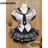 Dodobye Lolita Girl Inspired College Style Lace Patchwork Lace Waist Slimming Shirt Black Striped Cake Fluffy Short Skirt Sets