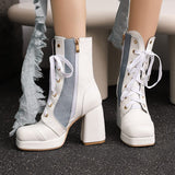 thanksgiving outfit Dodobye Mixed Color Women Ankle Boots Toe Chunky Heels Platform Hill Lace Up Splice Size 46 47 Fashion Bota