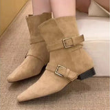 Dodobye 2025   new fashion design khaki suede leather buckle strap pointed toe boss boots punk style goth square heel women shoes