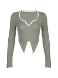 Dodobye-Lace Trim Notch Neck Irregular Cropped Long Sleeve Knit