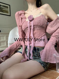 Dodobye New 2025 Pink Elegant 2 Piece Set Office Lady Lace Sexy Strap Tops Casual Cardigan Korean Fashion Blouse Suit Woman Outfits