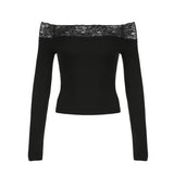 Dodobye Black Lace Stitched Slash Neck Crop Tops Elegant Sexy Skinny Long Sleeve T-Shirts Women Harajuku Y2k Spring Tees Basic