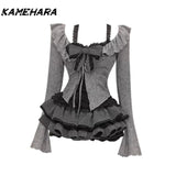 Dodobye Sweet Spicy Black Lace Camisole Long Sleeved Cardigan Women's Autumn Striped Patchwork Cake Ruffles Skirt Sets Платье