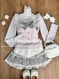 Dodobye Japanese Sweet Preppy Style 2 Piece Set Women Kawaii Lace Patchwork Bow Tops + Y2k Plaid Mini Skirt Elegant Fashion Outifits New