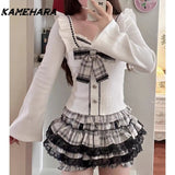 Dodobye Cute Soft Girl Style Gray White Checkered Lace Patchwork Short Skirt Bow Waist Cinching Patchwork Top Autumn Y2k Sets