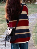 Dodobye-Contrast Color Stripe Splice Pullover Sweater