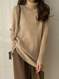 christmas outfit Dodobye Casual Long Sleeves Loose Split-Side Solid Color High-Neck Sweater Tops