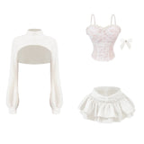 Dodobye Korean Fashion White Skirt Sets Women Casual Slim Crop Tops + Sexy Y2K Lace Vest + Sweet Party Kawaii Mini Skirt 2025 Spring