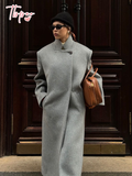 christmas outfit Dodobye Fashion Grey Stand Collar Women's Wool Blends Overcoat Chic Button Long Sleeve Back Split Loose Jacket Lady High Streetwear 2025