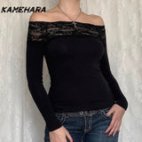 Dodobye Black Lace Stitched Slash Neck Crop Tops Elegant Sexy Skinny Long Sleeve T-Shirts Women Harajuku Y2k Spring Tees Basic