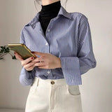 Dodobye Chic Korean Striped Women Shirts Fall Long Sleeve Office Ladies Shirt Blue Elegant Button Up Female Tops New