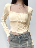 Dodobye-Square Neck Lace Splice Tie Front Long Sleeve Tee