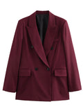 christmas outfit Dodobye 2024 Chic Burgundy Red Double Breasted Suit Jacket Women Elegant Lapel Long Sleeve Flap Pockets Blazer Coat Lady Commute Outwear