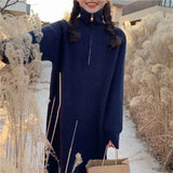 Black Friday Dodobye Autumn Winter Turtleneck Knit Midi Dress Women Fashion Solid Zipper Sweater Pullovers Harajuku Streetwear Korean Loose Dress