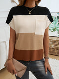 christmas outfit Dodobye Loose Short Sleeves Contrast Color Pockets Round-Neck Sweater Tops