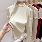 Black Friday Dodobye Lace Patchwork Knitted Sweater Women Chic Elegant Stand-Collar Fall Winter Tops Solid Ruffled Long-Sleeve Sweet Jumpers Pullover