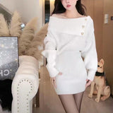 Black Friday Dodobye Sexy Knit Dress Women Elegant Slant Shoulder Button Slim Solid Fall Winter Sweater Fashion Chic Harajuku Y2K Office Lady Dress