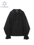 Dodobye Fall Fashion Vintage Gothic Shirt Women Flare Sleeves Ruffles Oversize Club Party Evening Girl Lolita Black Blouse V-neck Tops