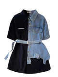 Dodobye Women Denim Patchwork A-line Shirt Dress 90s Vintage Black Short Sleeve Mini Dresses Y2k Elegant One Piece Frocks 2000s Clothes