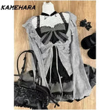 Dodobye Shibuya Street Retro Lolita Set Lace Lotus Leaf Tees E-girl Gothic Slimming Cake Splicing High Waist Skirt 3 Piece Sets