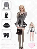 Dodobye Japanese Sweet Kawaii Lolita 3 Piece Set Casual Cardigan + Slim Lace Bow Vest + High Waist Striped Skirt Autumn Women Outfits