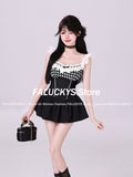 Dodobye Summer Fashion Sweet 2 Piece Set Women Kawaii Square Neck Lace Plaid Patchwork Tops + Cute High Waist Mini Skirt Female Chothing