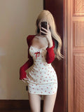 Dodobye Korean 2 Piece Dress Sets Women Casual Knitted Short Cardigan + Outwear Elegant Sweet Floral Strap Mini Dress Chic 2025 Spring