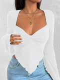 Dodobye-Solid V Neck Ruched Irregular Hem Knit Long Sleeve Tee