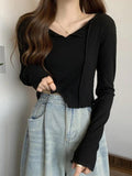 Dodobye-Solid V Neck Slit Hem Long Sleeve Knit