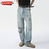 Dodobye High Street Men'S Hole Washed Jeans Fashion Male Old Straight Denim Pants Casual Zipper Fashion Trend Streetwear Unisex