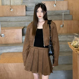 thanksgiving outfit Dodobye 2024 Autumn New Sensibility Maillard Brown Vintage Leather Jacket With Pleated Skirt Set Women Fashion Dress Set