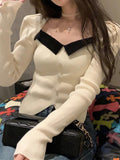 Dodobye-Contrast Color Splice Pearl Breasted Slit Knit Sweater