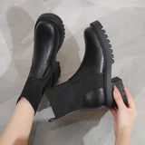 Dodobye New Autumn Winter Fashion Women Chelsea Boots Female PU Leather High Heels Boots Platform Shoes Ladies Knitted Sexy Ankle Boots