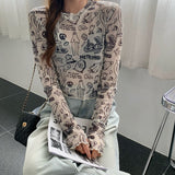 Dodobye Y2K Mesh Sheer T Shirts Women Streetwear Cartoon Print Crop Tops Korean Sexy See Through Long Sleeve Slim Chic Tees New