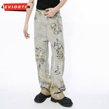 Dodobye 2025 Spring New Fashionable Men'S Jeans, Fashionable Personalized Street Wear, Hand Drawn Graffiti, Old Washed Denim Pants