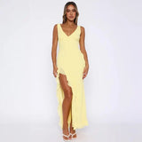 Dodobye Sexy Split Ruffles Strap Dress Women Slim V-neck Sleeveless Backless Female Maxi Dresses 2024 Summer Lady Solid Beach Party Robe