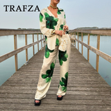 thanksgiving outfit Dodobye 2024 Spring Summer Casual Women Print Suits Fashion Streetwear Turndown Collar Loose Shirts+High Waist Wide leg pants