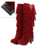 thanksgiving outfit Dodobye size 32-43 Flock Fur Women boots High heels Knee boots Fringe Tassels Fashion Black Red ZL4150