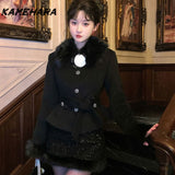 Dodobye Japanese Sweet Y2k Woolen Patchwork Collar Cotton Lining Thick Coats Retro Mini Short Skirts Temperament Two-piece Sets